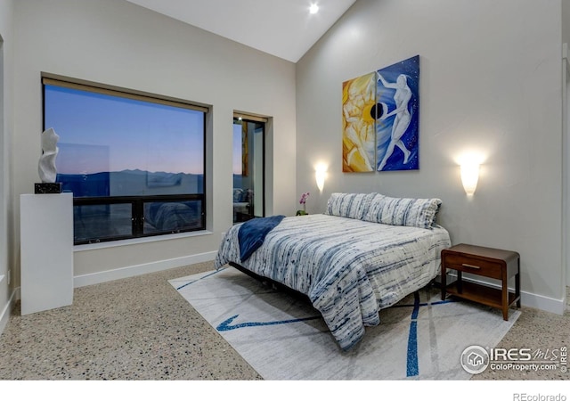 9360 Gold Mine Rd, Loveland, CO 80538 - bedroom with speckle patterned floor, baseboards, and high vaulted ceiling
