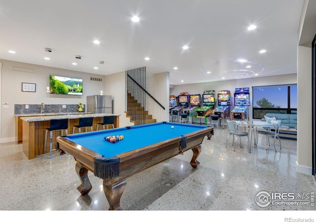 9360 Gold Mine Rd, Loveland, CO 80538 - recreation room featuring dark speckled floor, baseboards, billiards, recessed lighting, and a sink