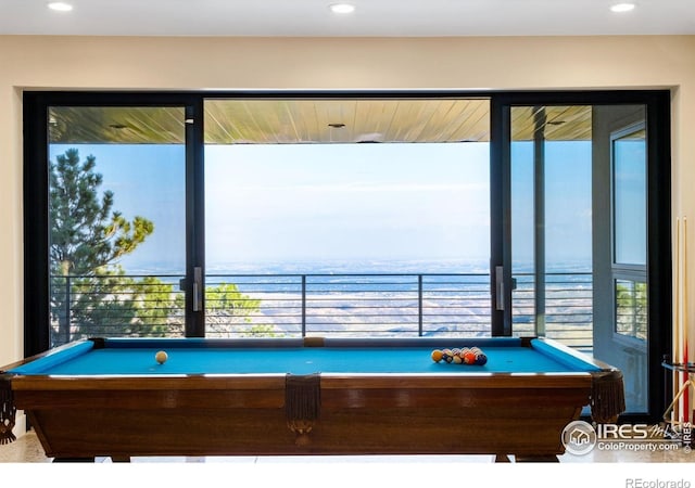 9360 Gold Mine Rd, Loveland, CO 80538 - game room with a water view, billiards, and recessed lighting