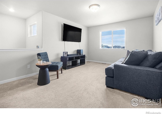 living area with carpet flooring, baseboards, and plenty of natural light