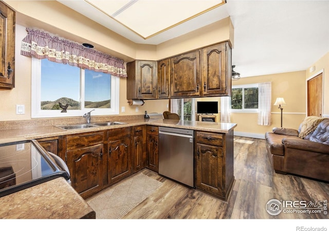 kitchen featuring stainless steel dishwasher, a sink, open floor plan, light wood-style flooring, and dark brown cabinets