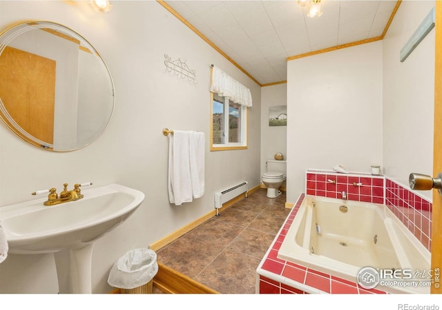 full bathroom featuring crown molding, a baseboard heating unit, a tub with jets, toilet, and tile patterned flooring