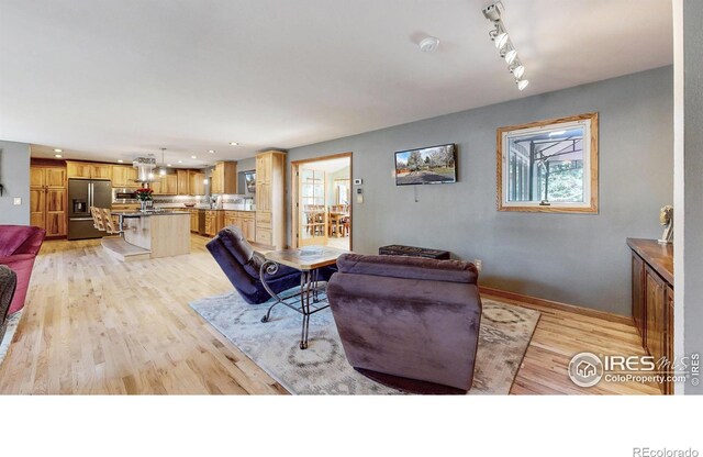 living room with light wood finished floors, baseboards, track lighting, and recessed lighting