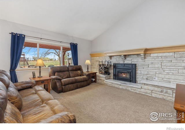carpeted living area featuring a fireplace and high vaulted ceiling