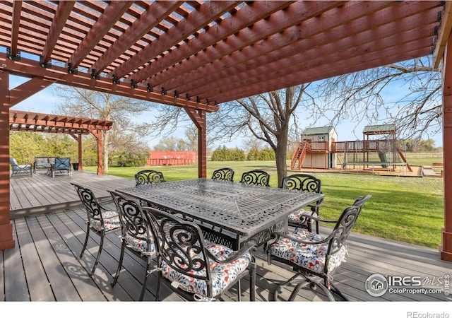 wooden deck featuring outdoor dining area, a playground, a pergola, and a yard