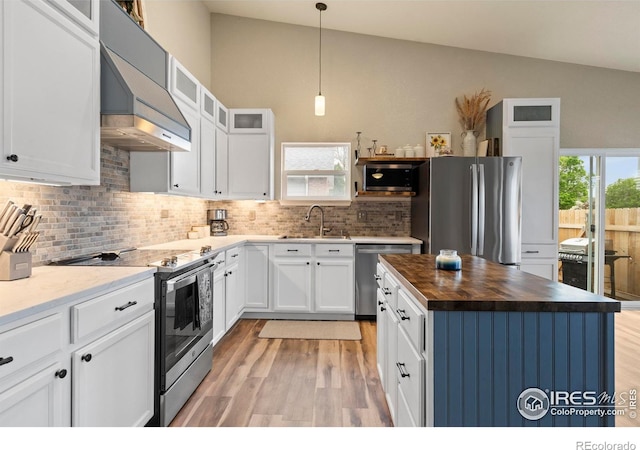 kitchen with appliances with stainless steel finishes, butcher block countertops, a sink, wall chimney range hood, and light wood finished floors