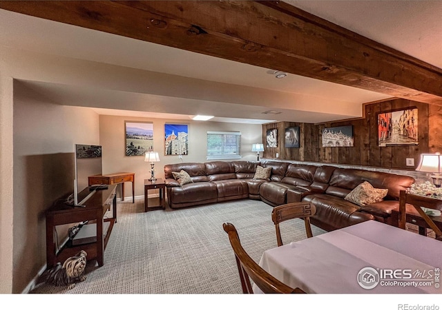 1561 Belmont Dr, Longmont, CO 80503 - living area featuring carpet floors, beamed ceiling, and baseboards