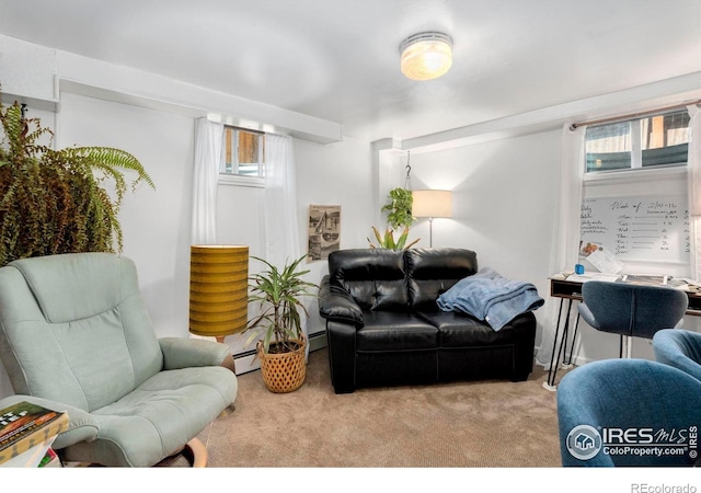 living room with carpet, baseboard heating, and a baseboard heating unit