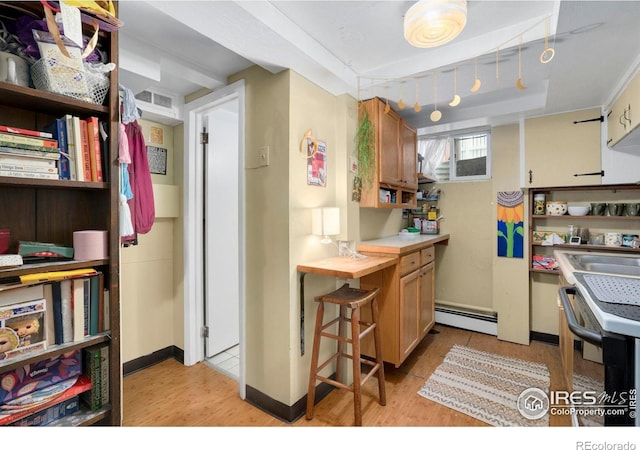kitchen featuring a baseboard radiator, a sink, light wood-type flooring, and open shelves