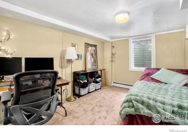 bedroom featuring a baseboard radiator, carpet, and a desk