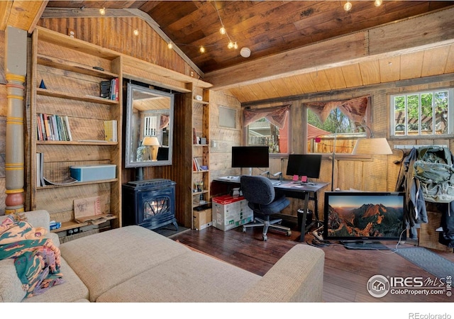 office area with vaulted ceiling, wooden ceiling, wood walls, wood finished floors, and a wood stove