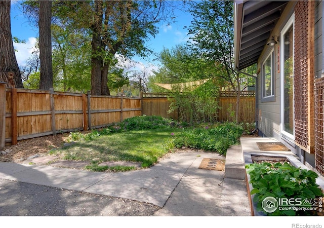 fenced backyard with a patio area