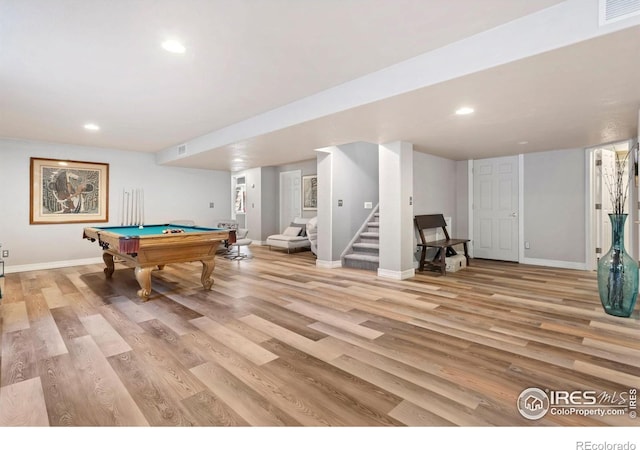 rec room with baseboards, light wood-type flooring, pool table, and recessed lighting