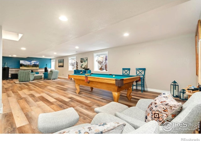 rec room featuring baseboards, recessed lighting, billiards, and wood finished floors
