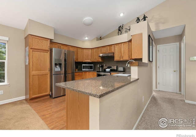 1380 Swainson Rd, Eaton, CO 80615 - kitchen with appliances with stainless steel finishes, under cabinet range hood, decorative backsplash, baseboards, and a peninsula