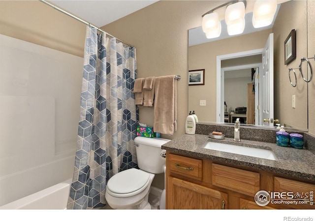 1380 Swainson Rd, Eaton, CO 80615 - bathroom featuring toilet, vanity, and shower / bath combo with shower curtain