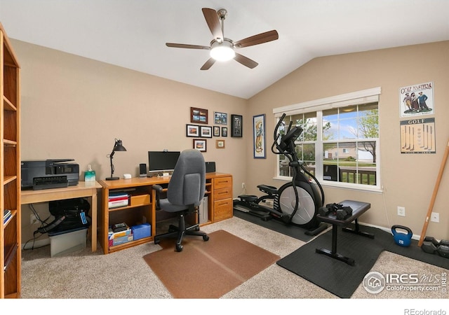 1380 Swainson Rd, Eaton, CO 80615 - carpeted office with a ceiling fan, lofted ceiling, and baseboards