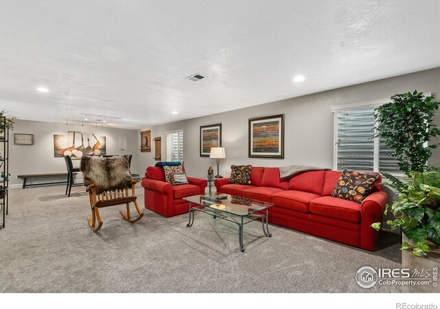1380 Swainson Rd, Eaton, CO 80615 - living area with carpet, recessed lighting, and a textured ceiling