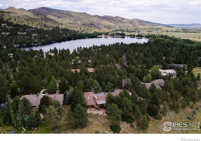 aerial overview of property's location featuring a water and mountain view and a heavily wooded area