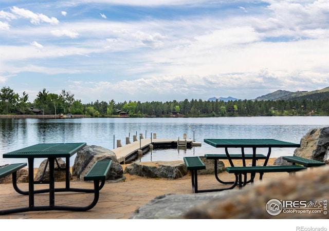 dock area featuring a water and mountain view and a view of trees