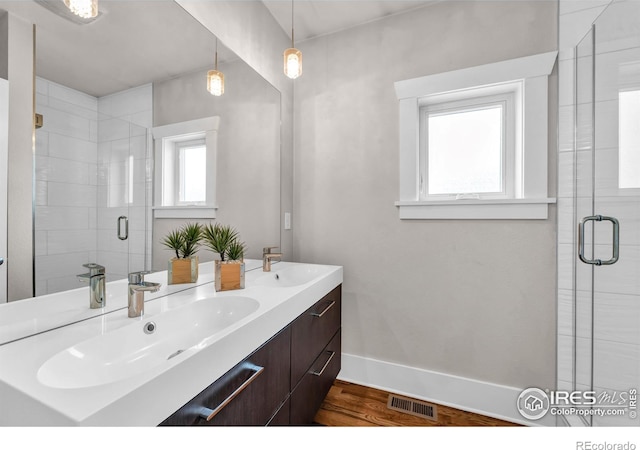 bathroom featuring wood finished floors, baseboards, a shower stall, and double vanity