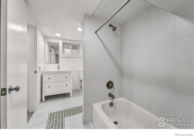 full bath with bathing tub / shower combination, tile patterned flooring, vanity, recessed lighting, and toilet