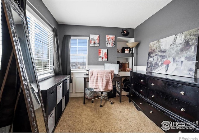 carpeted office space with wainscoting