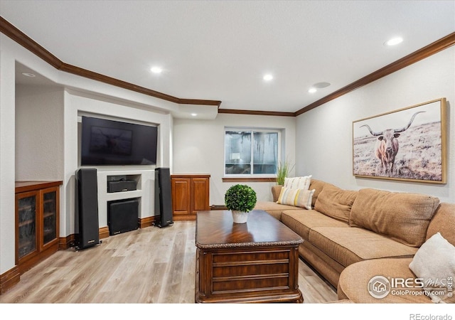 4059 Nevis St, Boulder, CO 80301 - living room with recessed lighting, light wood finished floors, and crown molding