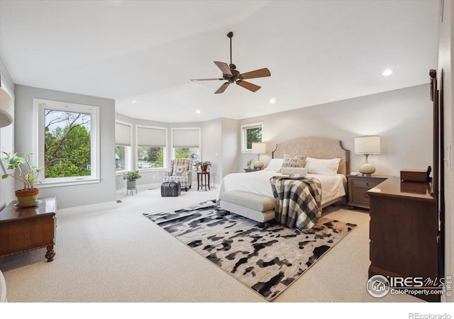 4059 Nevis St, Boulder, CO 80301 - carpeted bedroom with recessed lighting, lofted ceiling, and ceiling fan