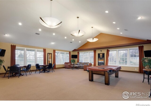 playroom with carpet floors, recessed lighting, high vaulted ceiling, billiards, and baseboards
