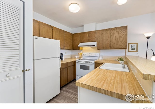 705 E Drake Rd Unit 22, Fort Collins, CO 80525 - kitchen featuring white appliances, under cabinet range hood, a sink, wood finished floors, and brown cabinets