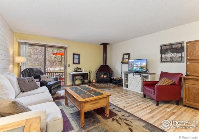 620 Macgregor Ave Unit 2, Estes Park, CO 80517 - living room with a wood stove and light wood-style flooring