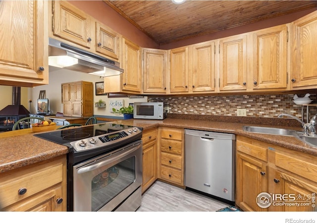 620 Macgregor Ave Unit 2, Estes Park, CO 80517 - kitchen with appliances with stainless steel finishes, under cabinet range hood, wooden ceiling, a sink, and light wood-type flooring