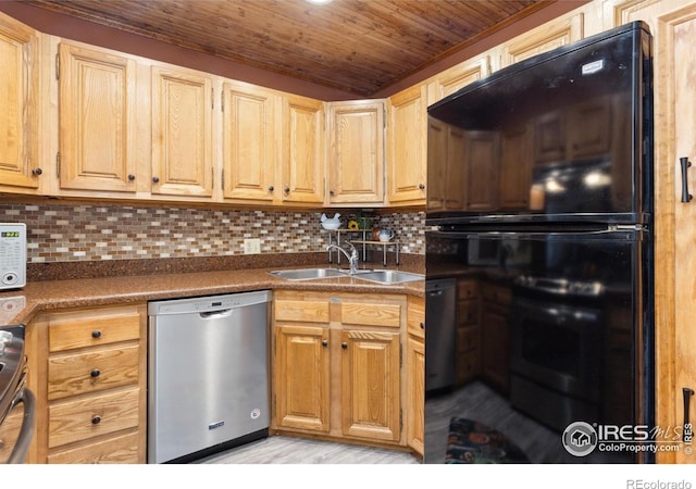 620 Macgregor Ave Unit 2, Estes Park, CO 80517 - kitchen featuring stainless steel dishwasher, freestanding refrigerator, a sink, wooden ceiling, and dark countertops