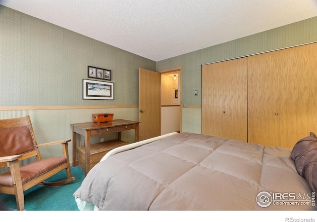 620 Macgregor Ave Unit 2, Estes Park, CO 80517 - bedroom with wallpapered walls, a closet, carpet flooring, and a textured ceiling