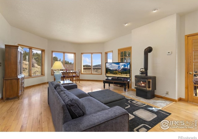 331 Laplata Dr, Livermore, CO 80536 - living area with light wood-type flooring, a wood stove, and baseboards