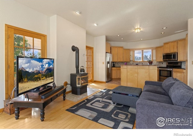 331 Laplata Dr, Livermore, CO 80536 - living area with a wood stove, light wood-type flooring, baseboards, and recessed lighting