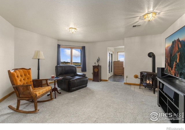 331 Laplata Dr, Livermore, CO 80536 - carpeted living area with healthy amount of natural light, a wood stove, baseboards, and a textured ceiling