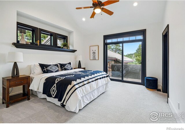 carpeted bedroom featuring access to outside, recessed lighting, baseboards, lofted ceiling, and ceiling fan