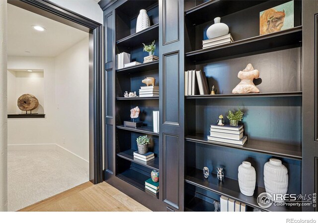 detailed view of baseboards, carpet, and recessed lighting