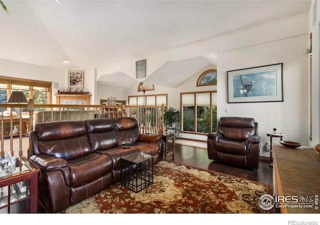 7309 Didrickson Ct, Fort Collins, CO 80528 - living area featuring lofted ceiling, wood finished floors, and baseboards