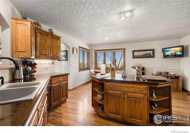 7309 Didrickson Ct, Fort Collins, CO 80528 - kitchen with open shelves, a sink, light wood-type flooring, dark countertops, and a center island