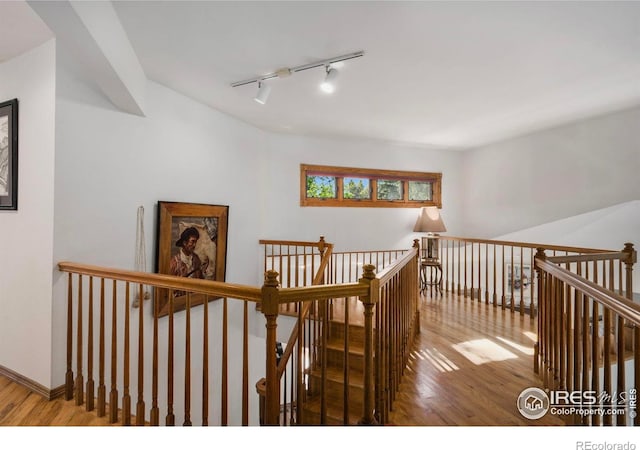 7309 Didrickson Ct, Fort Collins, CO 80528 - hallway featuring an upstairs landing, wood finished floors, track lighting, and baseboards