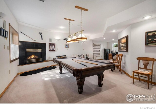 7309 Didrickson Ct, Fort Collins, CO 80528 - game room featuring carpet, baseboards, billiards, a tile fireplace, and recessed lighting