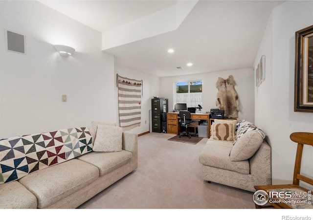 7309 Didrickson Ct, Fort Collins, CO 80528 - living room with a desk, light colored carpet, and recessed lighting