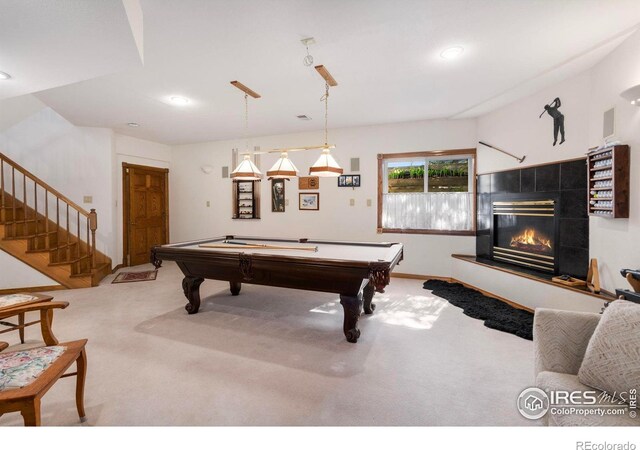7309 Didrickson Ct, Fort Collins, CO 80528 - recreation room featuring carpet floors, billiards table, a tiled fireplace, recessed lighting, and baseboards
