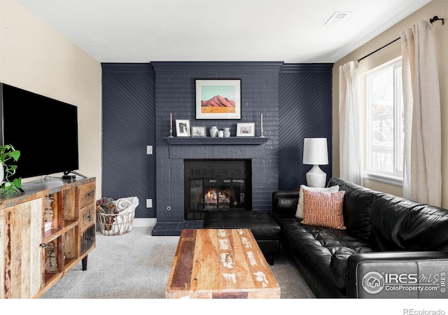 12506 Maria Cir, Broomfield, CO 80020 - living room with carpet floors, a brick fireplace, and an accent wall