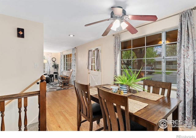 dining area featuring light wood-style floors, ceiling fan, and recessed lighting