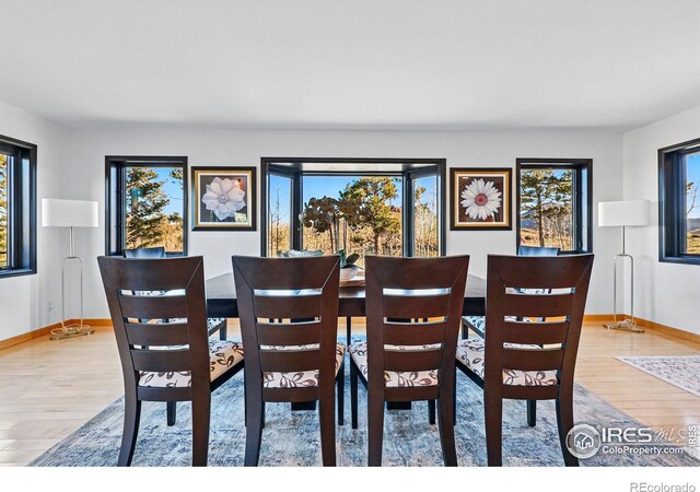 dining area with plenty of natural light, baseboards, and wood finished floors