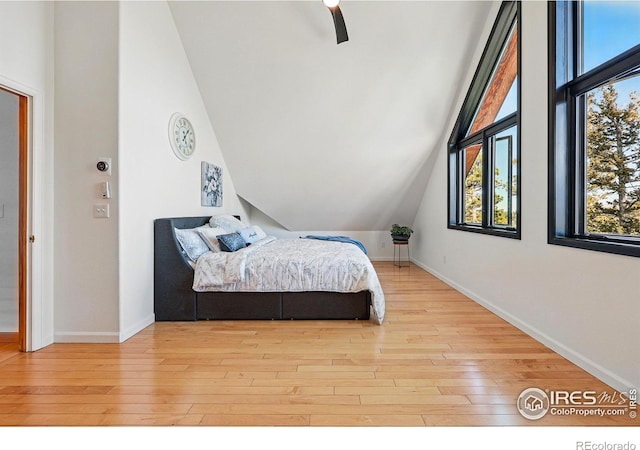bedroom featuring lofted ceiling, wood finished floors, and baseboards
